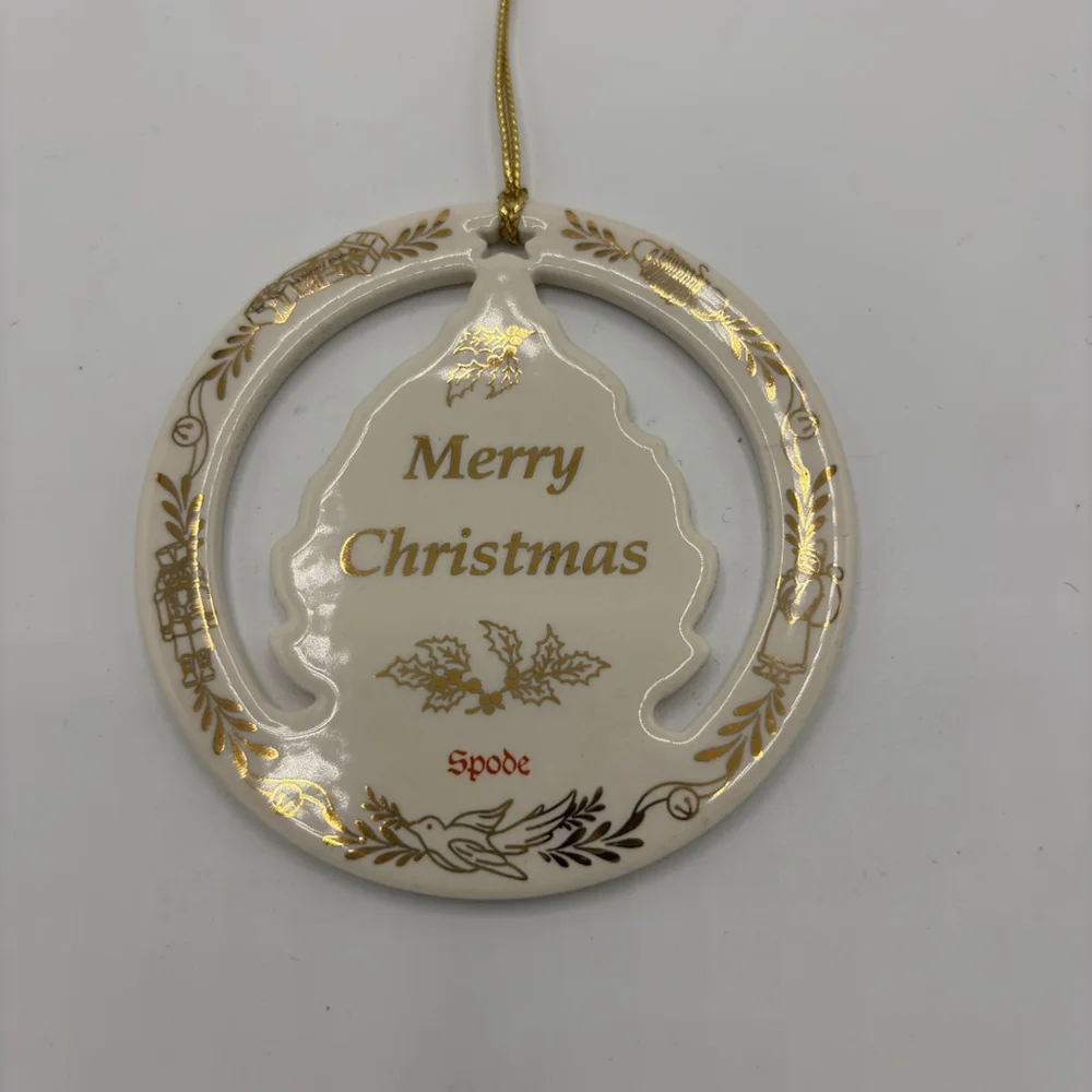 Vintage 1990s Spode Christmas Tree Ornament Ceramic Round Cutout Gold Trim Box